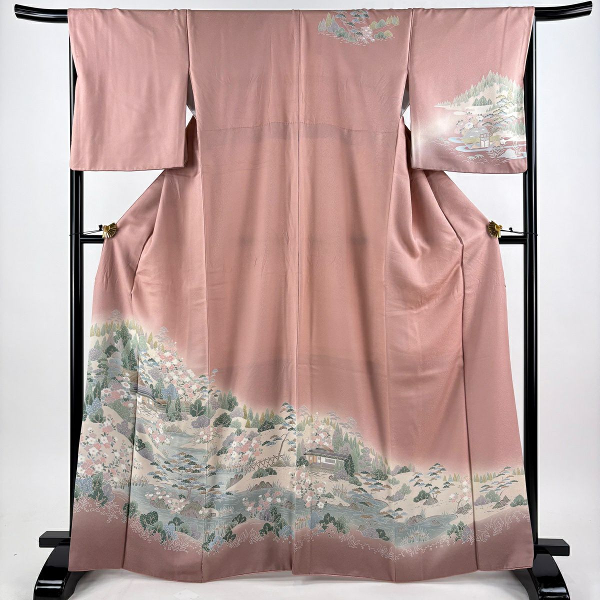 訪問服 身長166cm 袖長67cm M 雙層 家屋 樹木 漸層 粉紅 純蠶絲 優品級