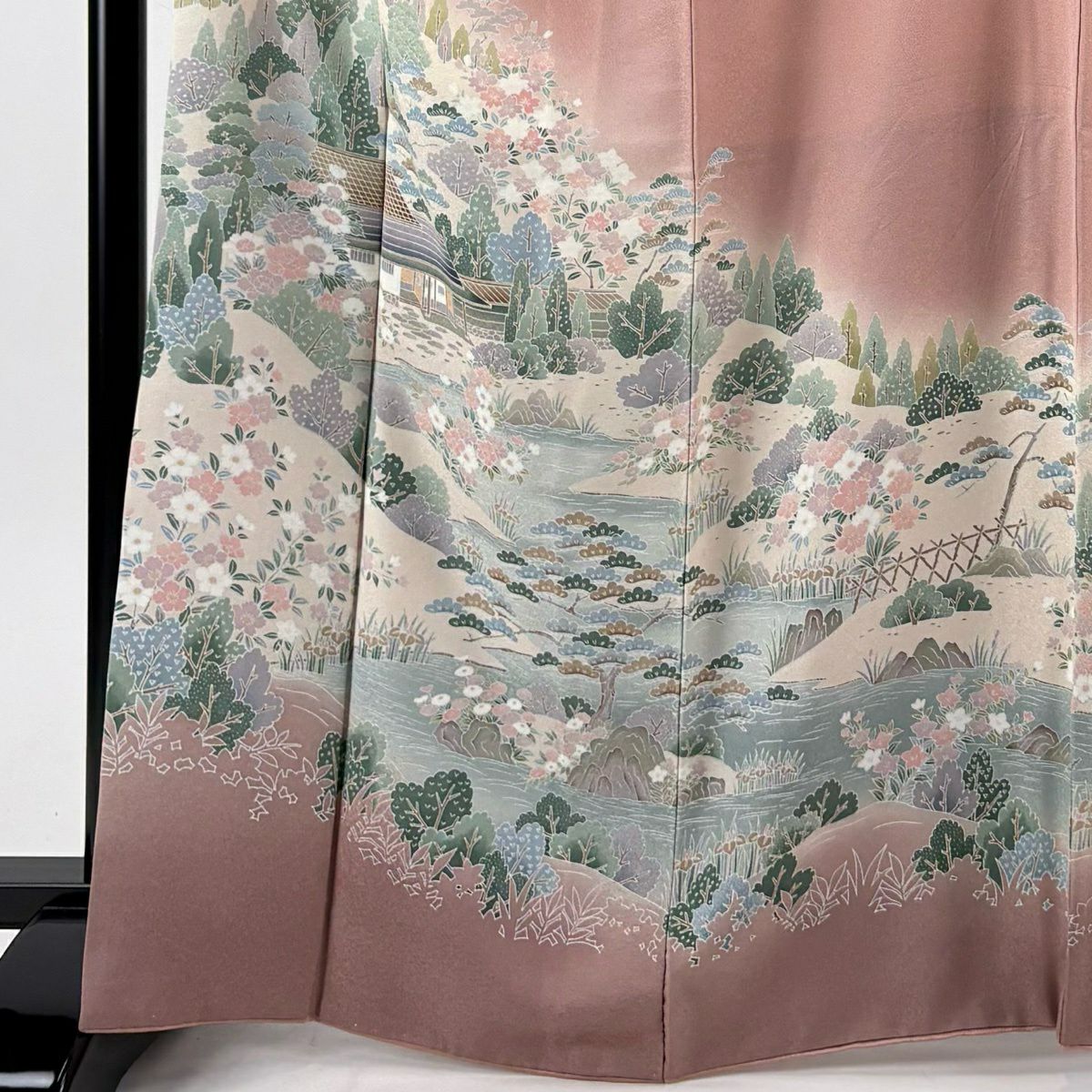 訪問服 身長166cm 袖長67cm M 雙層 家屋 樹木 漸層 粉紅 純蠶絲 優品級
