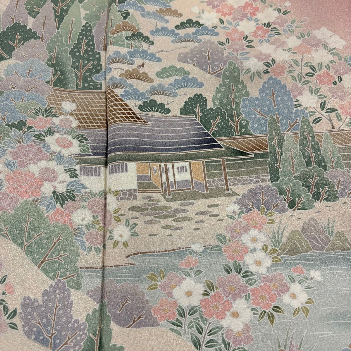 訪問服 身長166cm 袖長67cm M 雙層 家屋 樹木 漸層 粉紅 純蠶絲 優品級