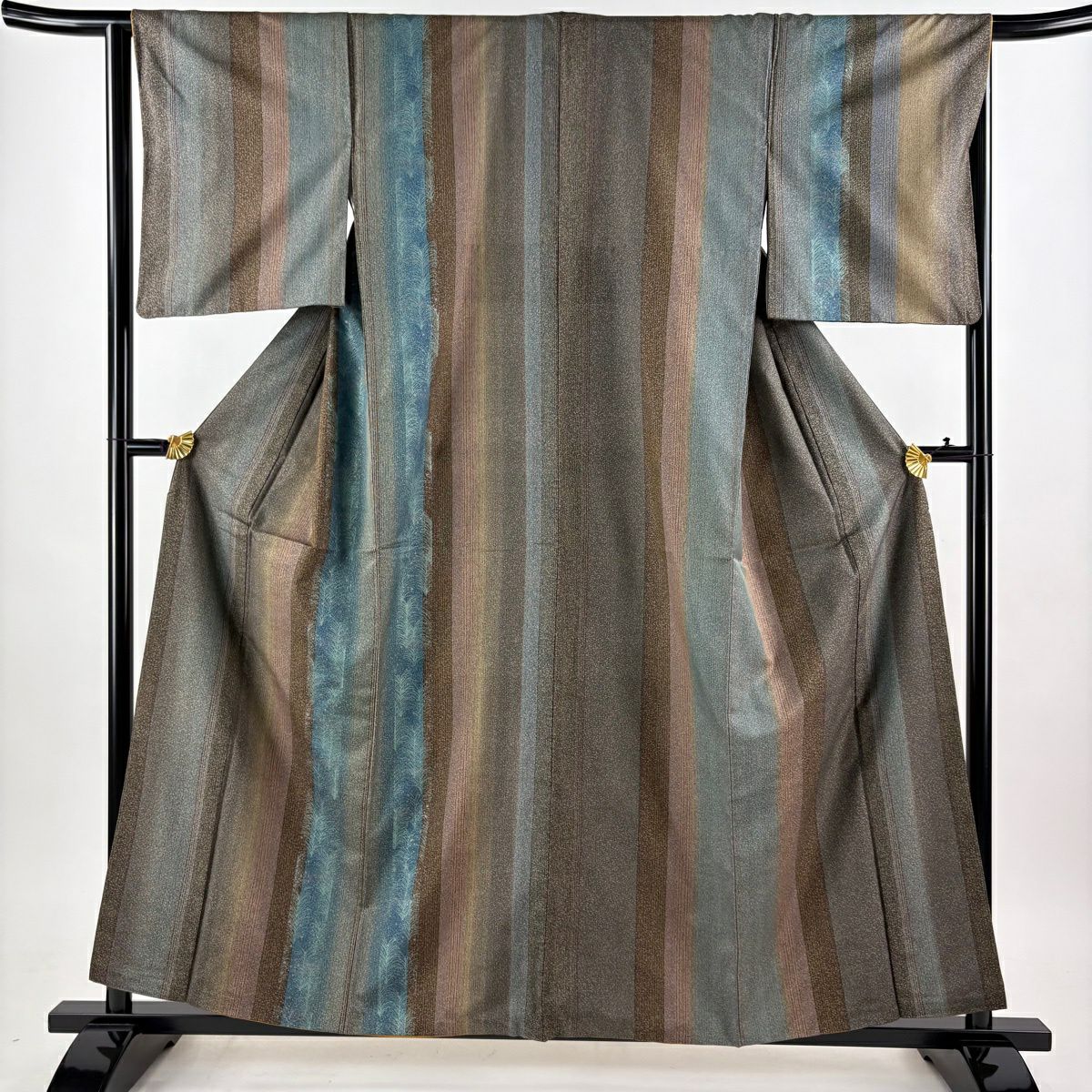 【美品】 付下 身長158cm 袖長64.5cm M 雙層 紬織織 松樹 縱條 茶 純蠶絲 優品級