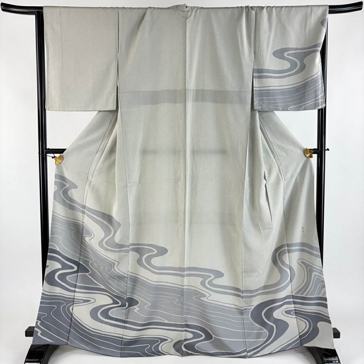 付下 身長166cm 袖長66.5cm M 雙層 落款有 流水 灰白 純蠶絲 優品級