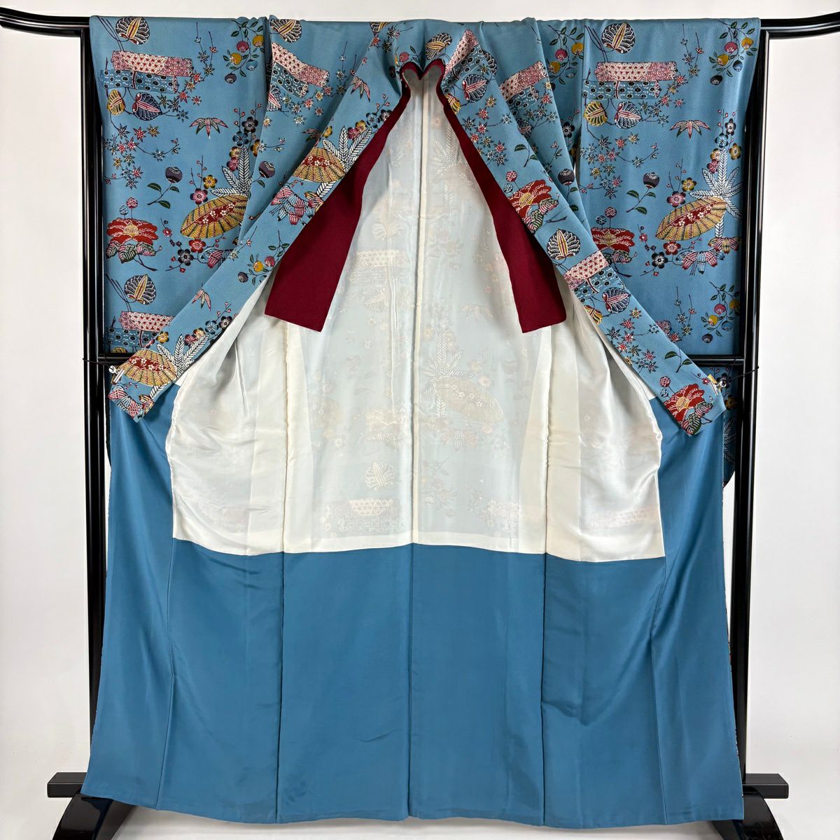 振袖禮服 身長162cm 袖長67cm M 雙層 巻物 草花紋紋 絞緬 水色 純蠶絲 秀品級