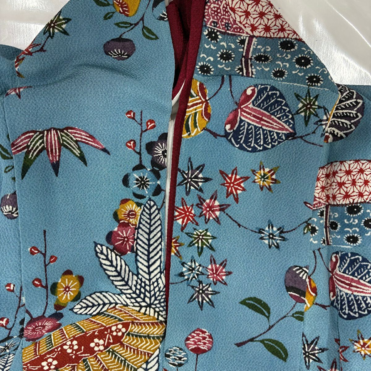 振袖禮服 身長162cm 袖長67cm M 雙層 巻物 草花紋紋 絞緬 水色 純蠶絲 秀品級