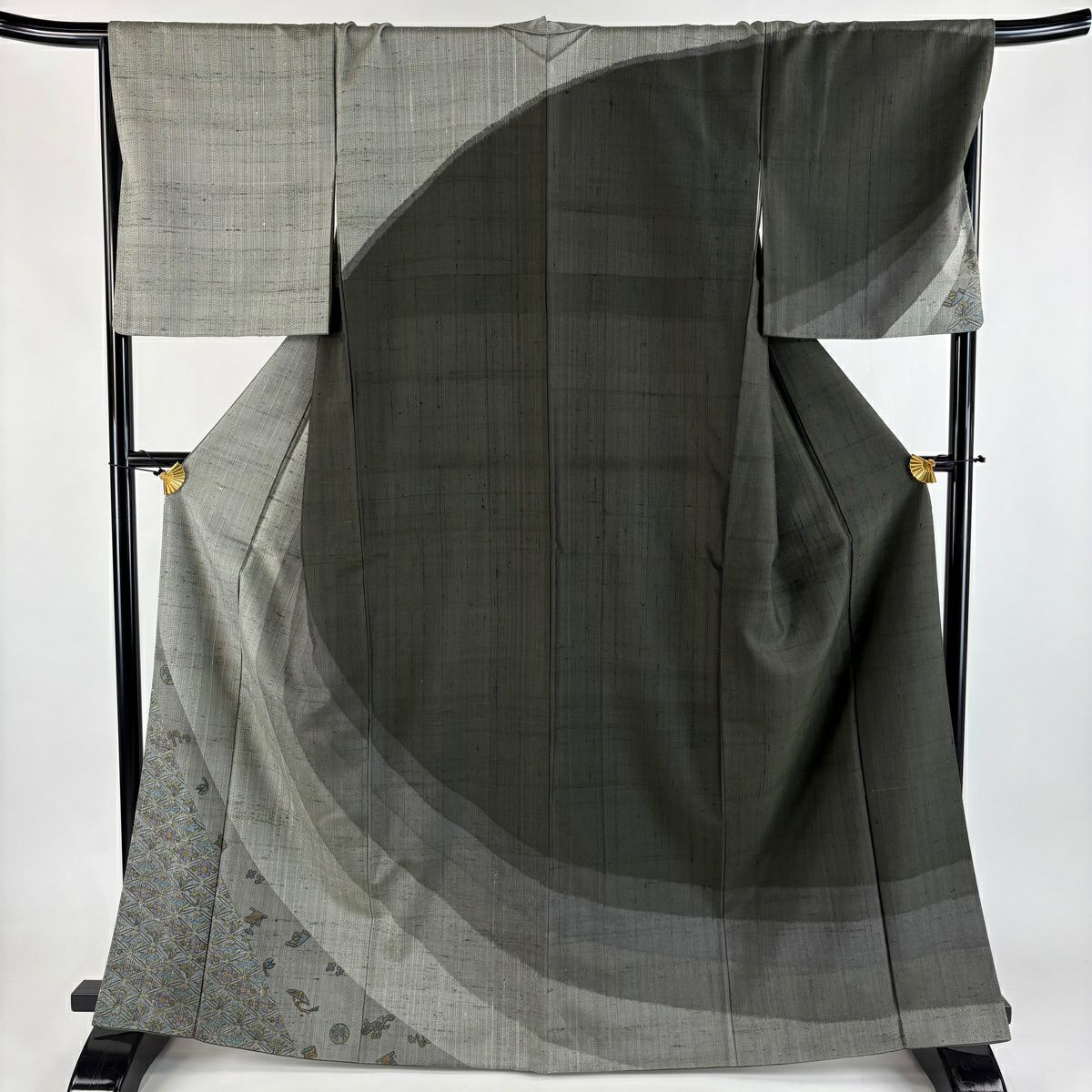 【美品】訪問服 身長165cm 袖長66cm M 雙層 紬織織 草花紋紋 菱形 灰綠 純蠶絲 秀品級