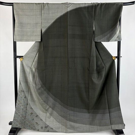 【美品】訪問服 身長165cm 袖長66cm M 雙層 紬織織 草花紋紋 菱形 灰綠 純蠶絲 秀品級