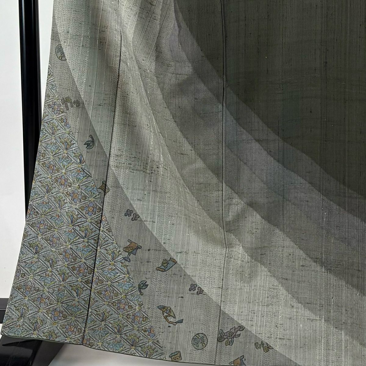 【美品】訪問服 身長165cm 袖長66cm M 雙層 紬織織 草花紋紋 菱形 灰綠 純蠶絲 秀品級