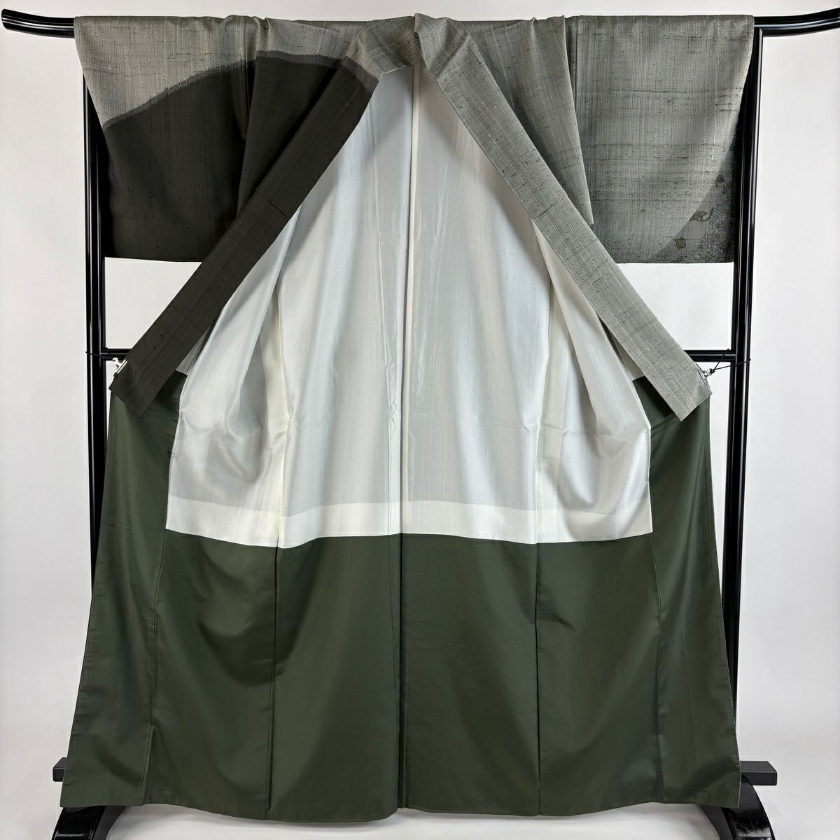 【美品】訪問服 身長165cm 袖長66cm M 雙層 紬織織 草花紋紋 菱形 灰綠 純蠶絲 秀品級