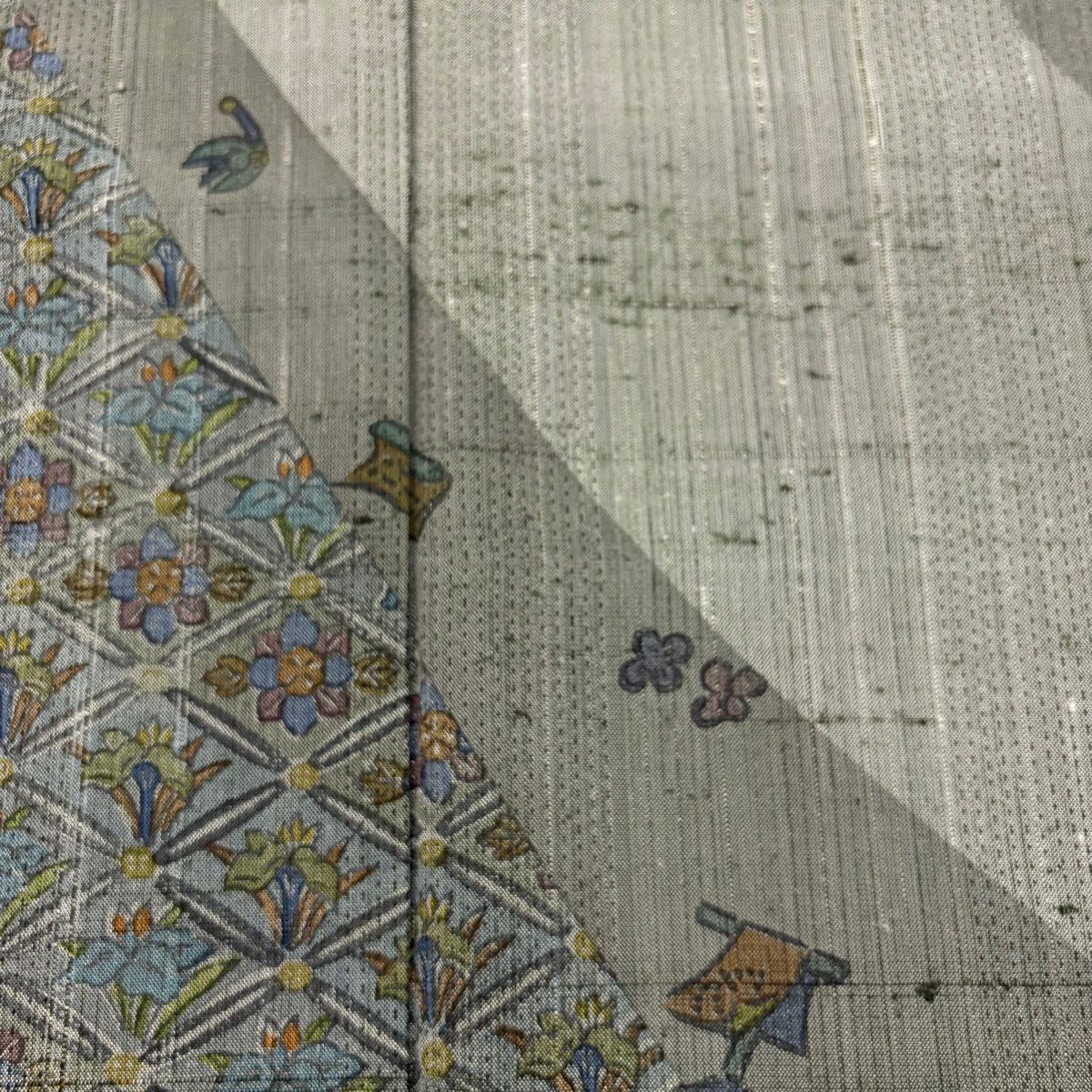 【美品】訪問服 身長165cm 袖長66cm M 雙層 紬織織 草花紋紋 菱形 灰綠 純蠶絲 秀品級