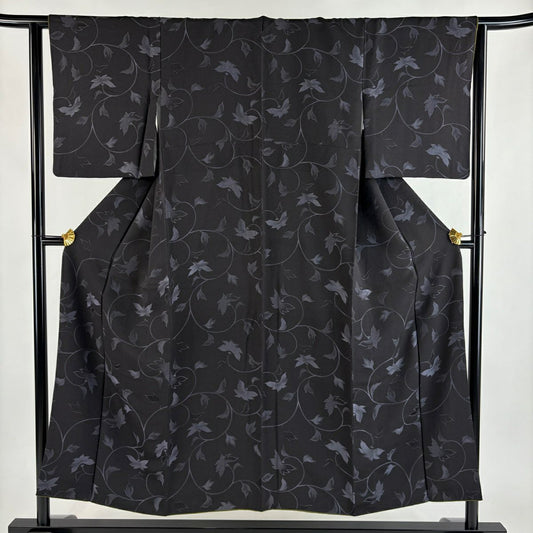 【美品】 小紋 身長150cm 袖長63.5cm S 雙層 大和 花唐草紋 墨 黑 純蠶絲 優品級