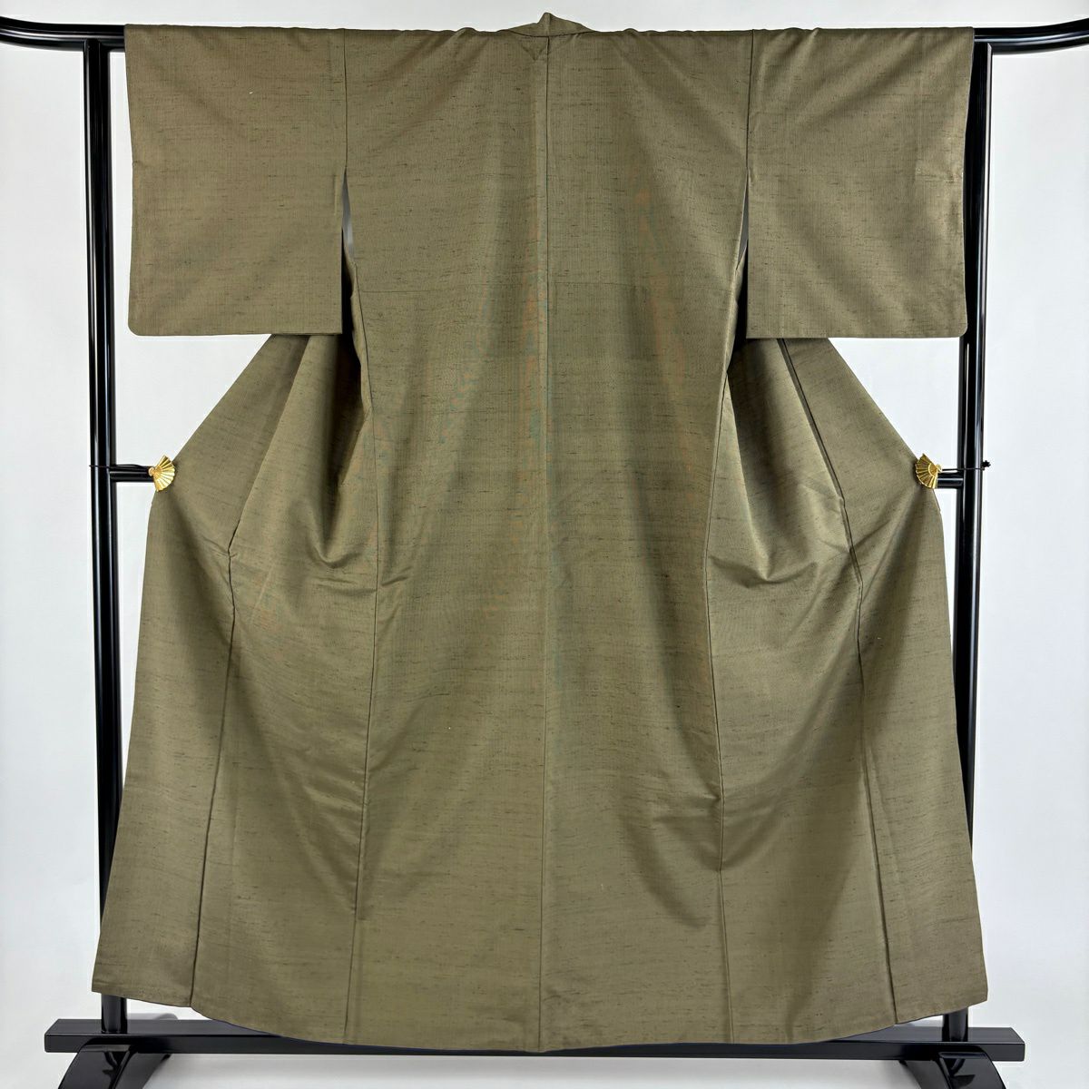 【美品】 紬織 身長157.5cm 袖長63cm S 雙層 縱條 茶綠 純蠶絲 秀品級