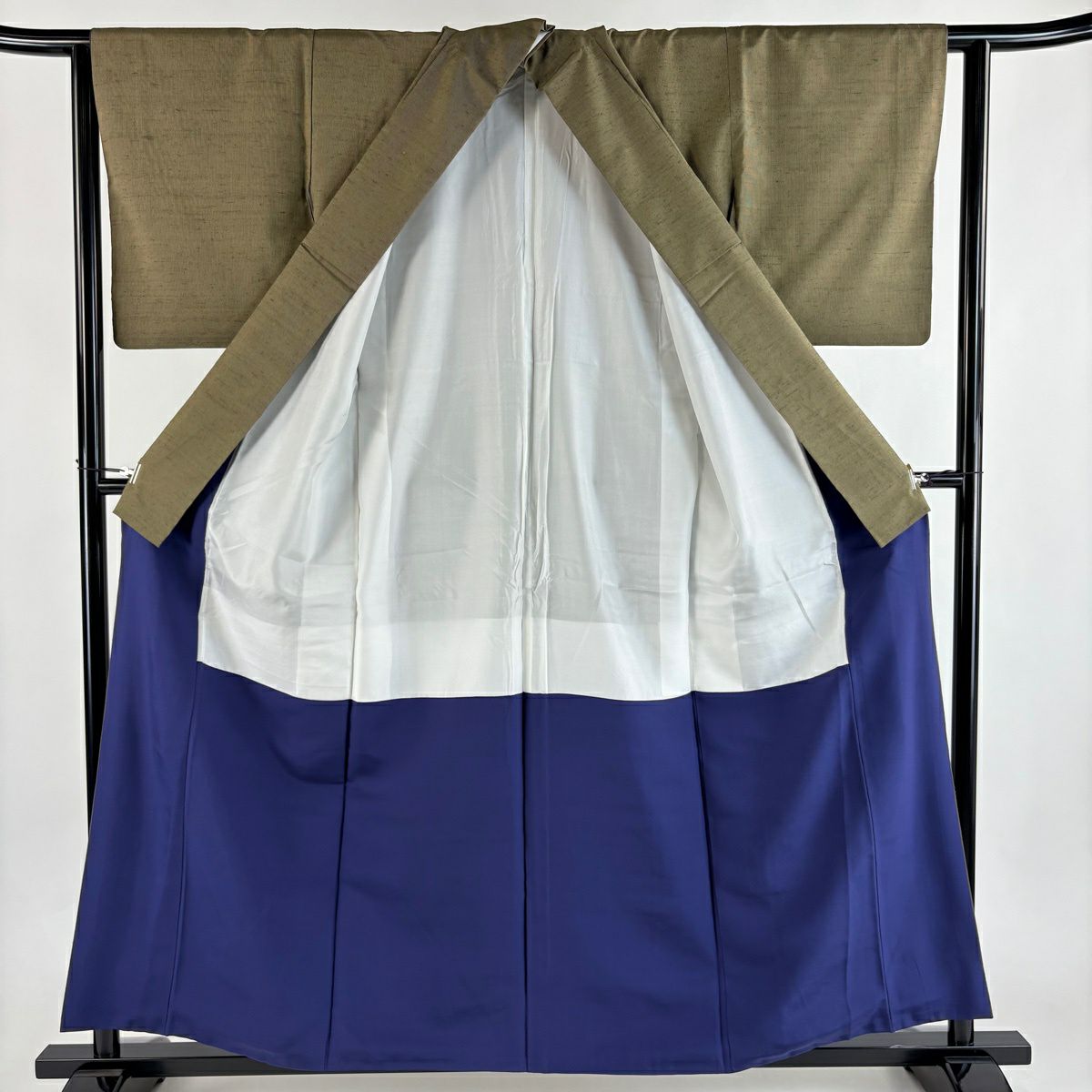 【美品】 紬織 身長157.5cm 袖長63cm S 雙層 縱條 茶綠 純蠶絲 秀品級