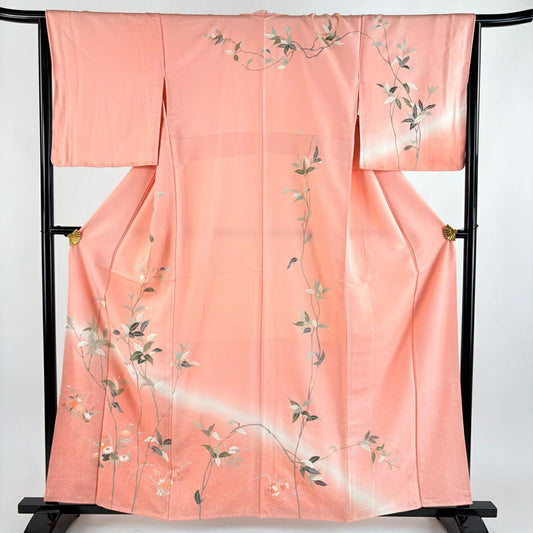 訪問服 身長160cm 袖長65.5cm M 雙層 秋草 枝葉 金彩裝飾 漸層 粉色 純蠶絲 優品級