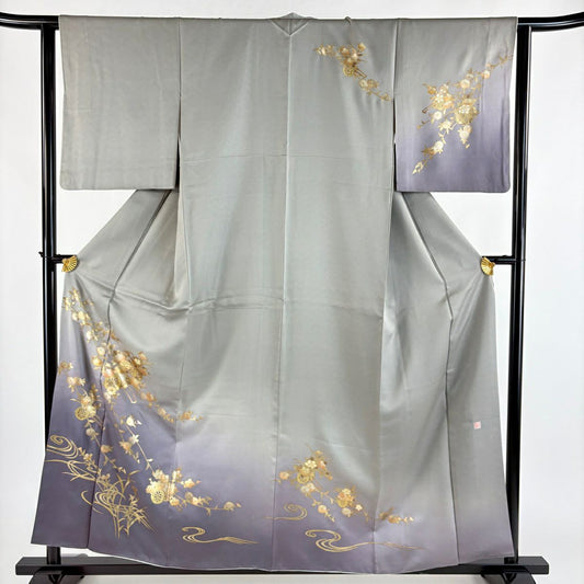 訪問服 身長157.5cm 袖長63.5cm S 雙層 落款 花車 流水 螺鈿 金銀彩 灰綠 純蠶絲 秀品級
