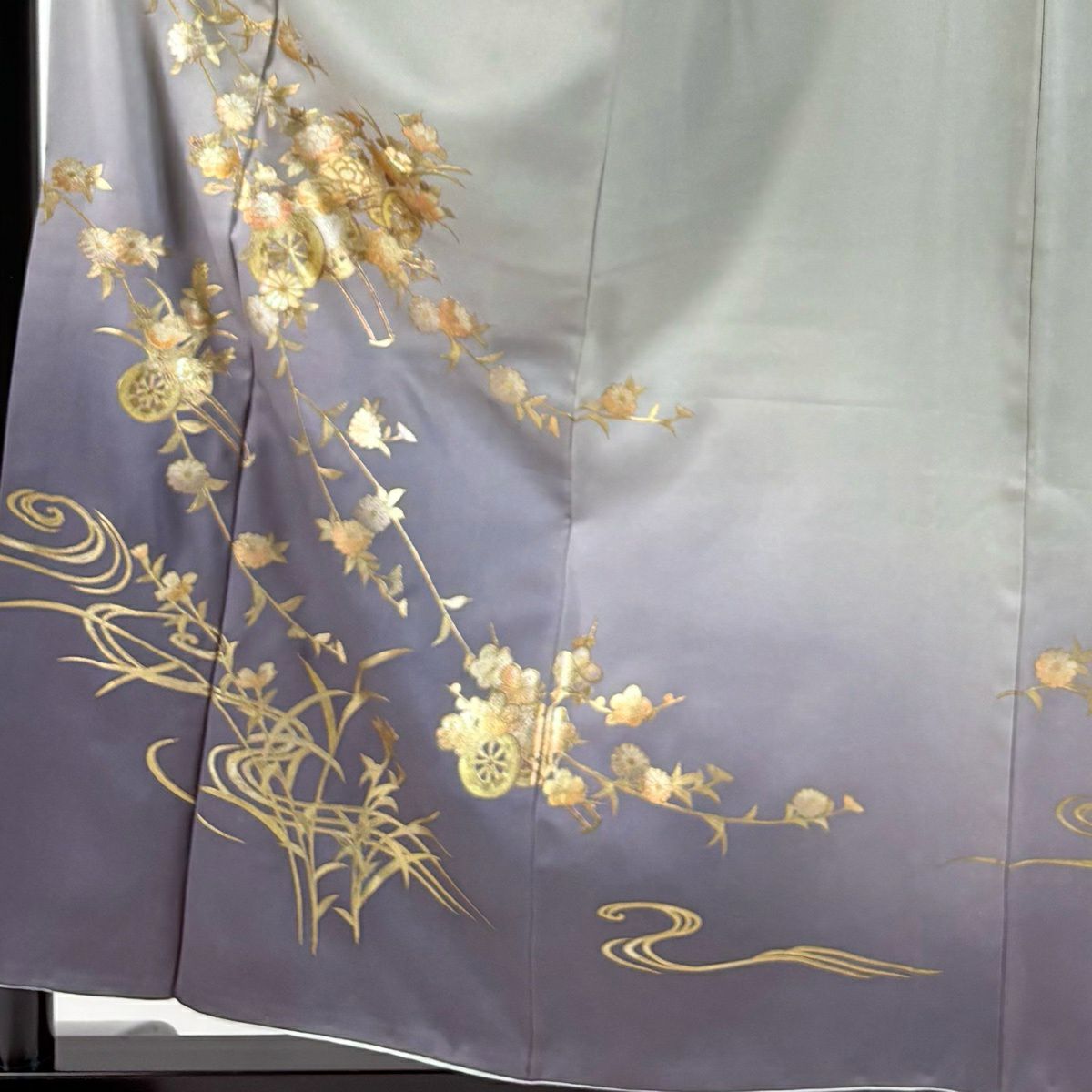 訪問服 身長157.5cm 袖長63.5cm S 雙層 落款 花車 流水 螺鈿 金銀彩 灰綠 純蠶絲 秀品級
