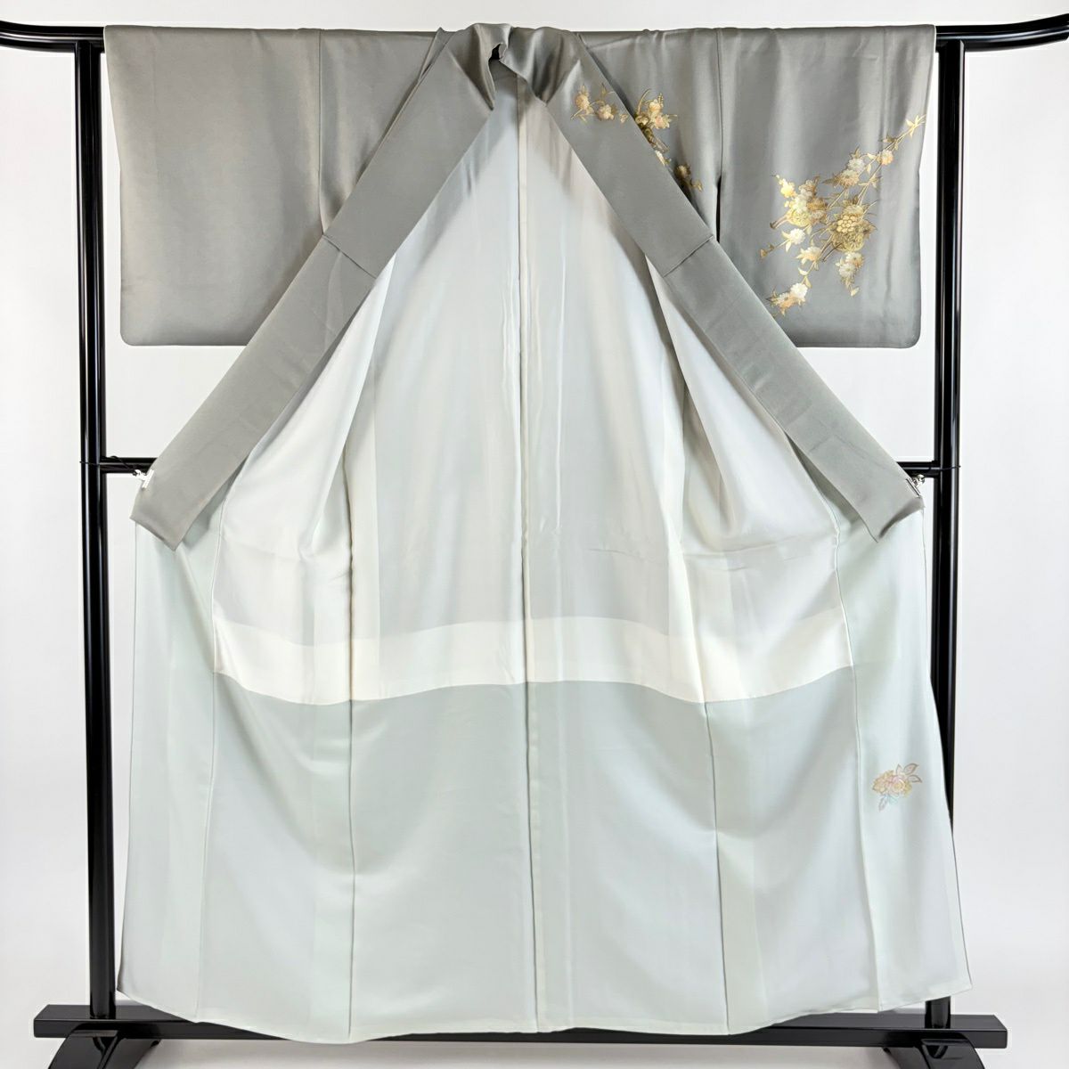 訪問服 身長157.5cm 袖長63.5cm S 雙層 落款 花車 流水 螺鈿 金銀彩 灰綠 純蠶絲 秀品級