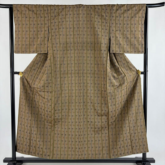 【美品】 紬織 身長156cm 袖長64cm M 雙層 鈕扣領 垂直條紋 幾何圖案 茶 純蠶絲 優品級