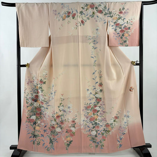 【美品】訪問服 身長163cm 袖長67.5cm L 雙層 落款あり 菊花 萩 漸層 薄粉色 純蠶絲 優品級