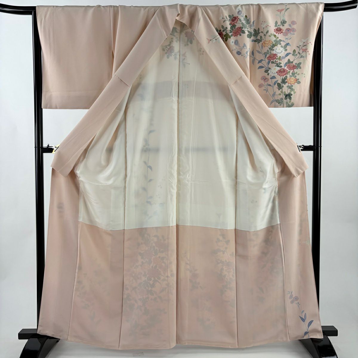 【美品】訪問服 身長163cm 袖長67.5cm L 雙層 落款あり 菊花 萩 漸層 薄粉色 純蠶絲 優品級