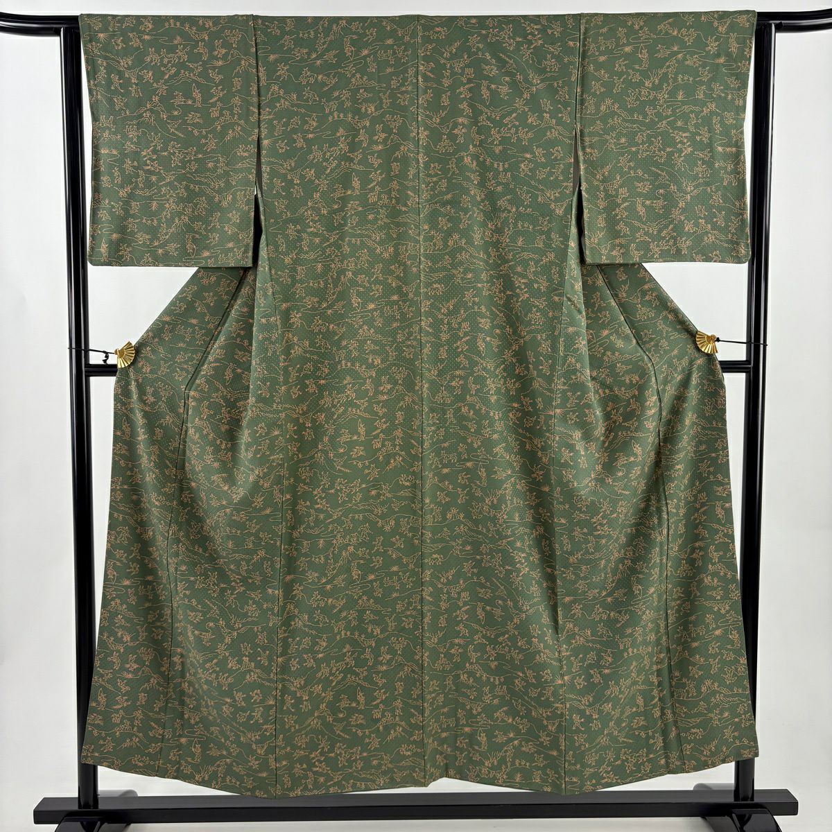 【美品】 小紋 身長153cm 袖長63cm S 雙層 鳥獸戲畫 地紋 蓬色 純蠶絲 優品級