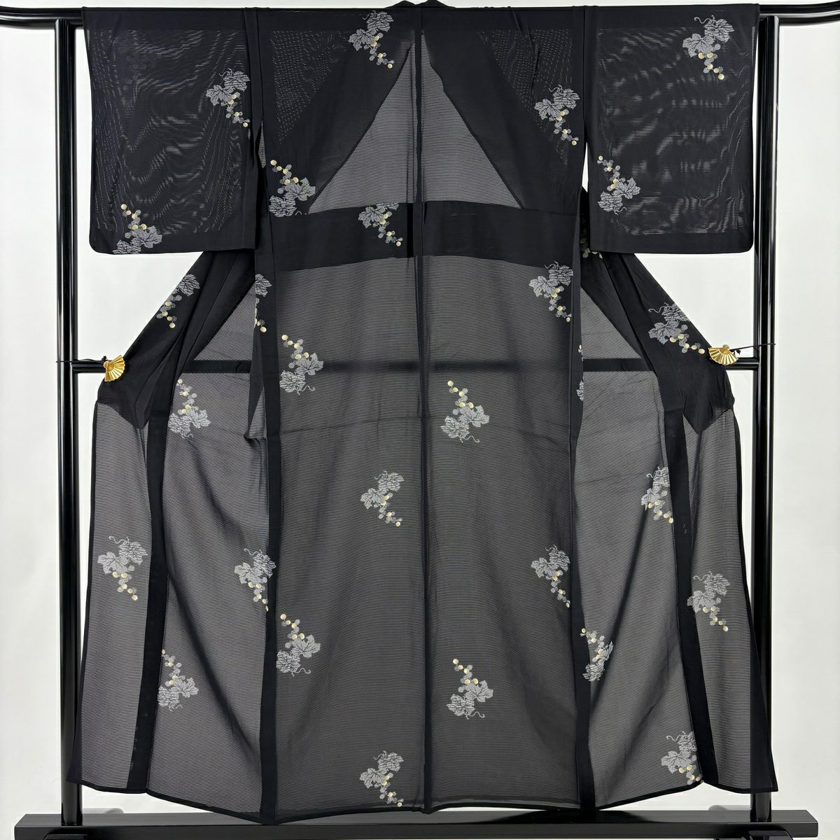 小紋 身長154cm 袖長62cm S 薄物 絽 葡萄 黑 純蠶絲 秀品級