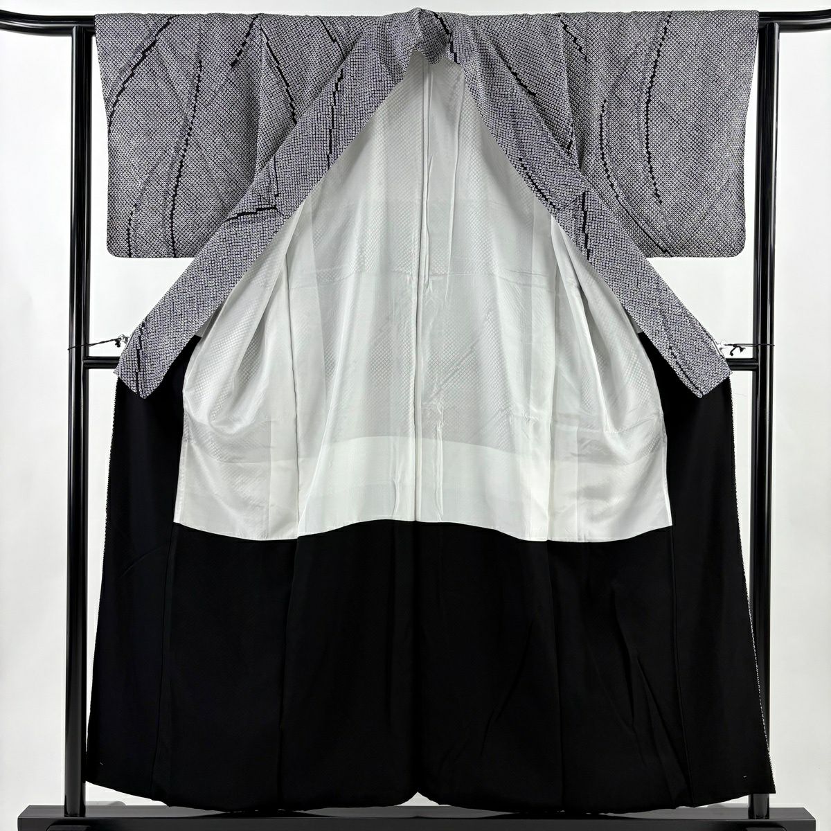 【美品】 小紋 身長155cm 袖長63cm S 雙層 幾何學 黑 純蠶絲 秀品級