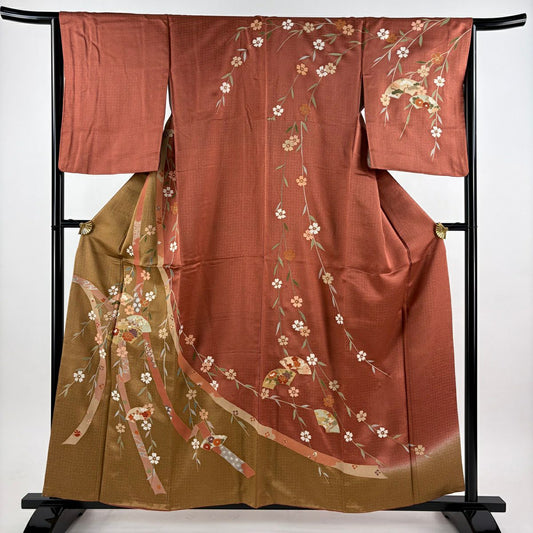 訪問服 身長159cm 袖長65.5cm M 雙層 扇子面 蔓帶 金彩裝飾 染分 紅茶 純蠶絲 秀品級