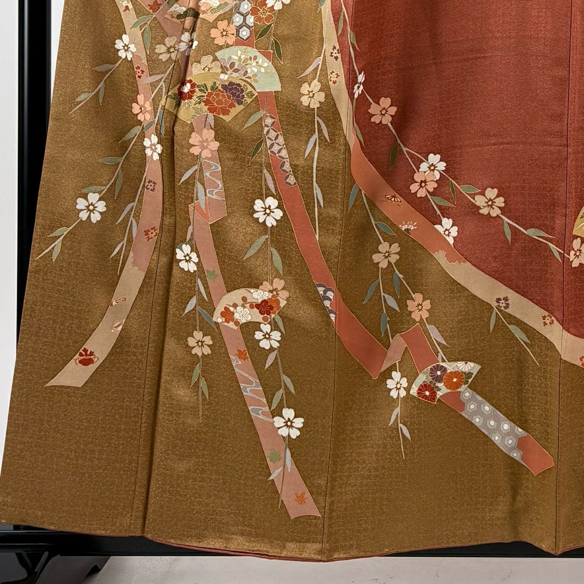 訪問服 身長159cm 袖長65.5cm M 雙層 扇子面 蔓帶 金彩裝飾 染分 紅茶 純蠶絲 秀品級