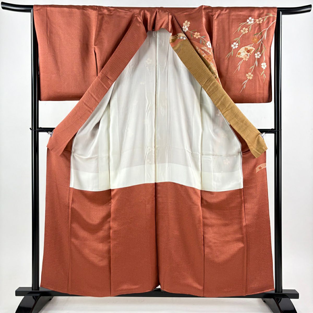 訪問服 身長159cm 袖長65.5cm M 雙層 扇子面 蔓帶 金彩裝飾 染分 紅茶 純蠶絲 秀品級