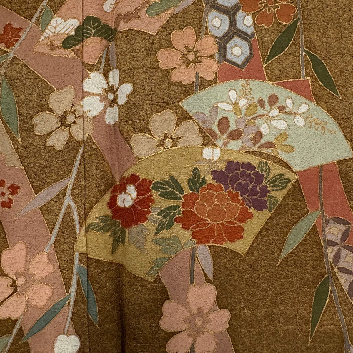 訪問服 身長159cm 袖長65.5cm M 雙層 扇子面 蔓帶 金彩裝飾 染分 紅茶 純蠶絲 秀品級