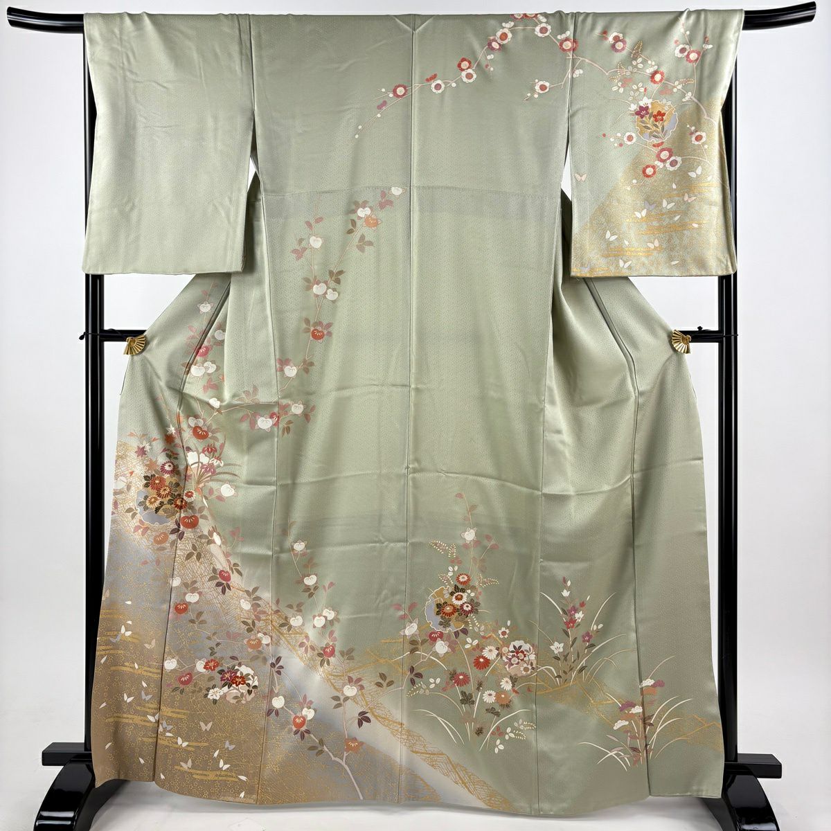 訪問服 身長167cm 袖長68cm L 雙層 雪輪 菊花 金絲 金銀彩 淺綠 純蠶絲 優品級