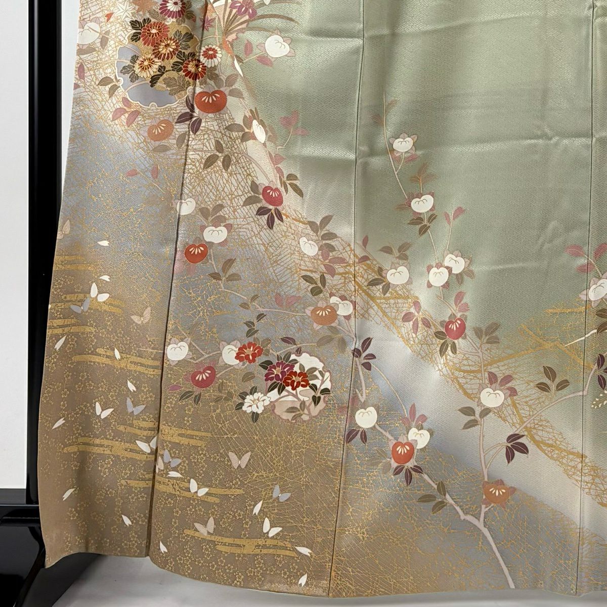 訪問服 身長167cm 袖長68cm L 雙層 雪輪 菊花 金絲 金銀彩 淺綠 純蠶絲 優品級