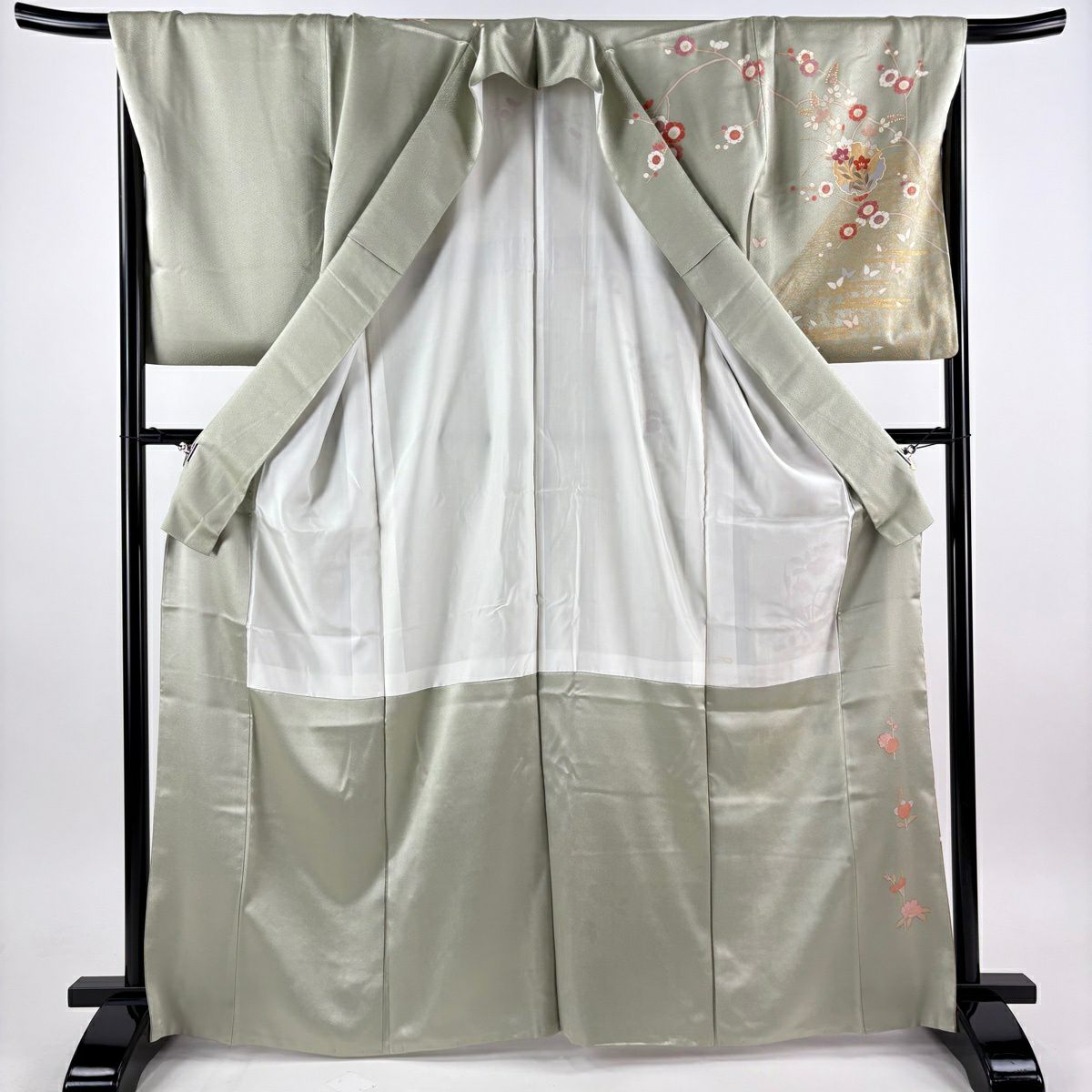 訪問服 身長167cm 袖長68cm L 雙層 雪輪 菊花 金絲 金銀彩 淺綠 純蠶絲 優品級