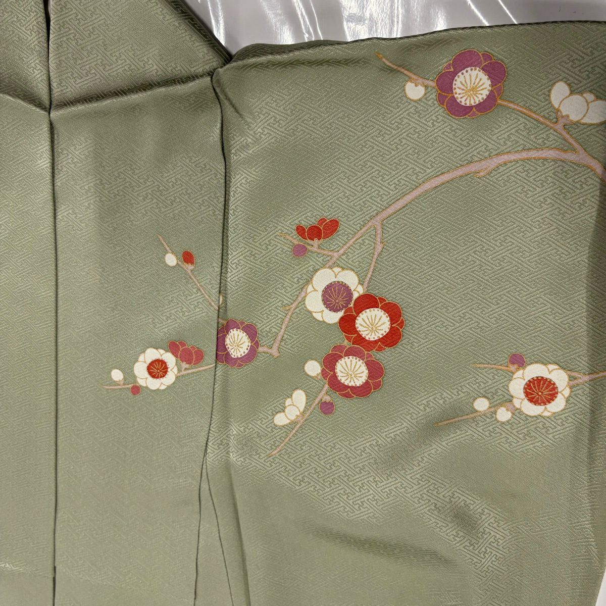 訪問服 身長167cm 袖長68cm L 雙層 雪輪 菊花 金絲 金銀彩 淺綠 純蠶絲 優品級