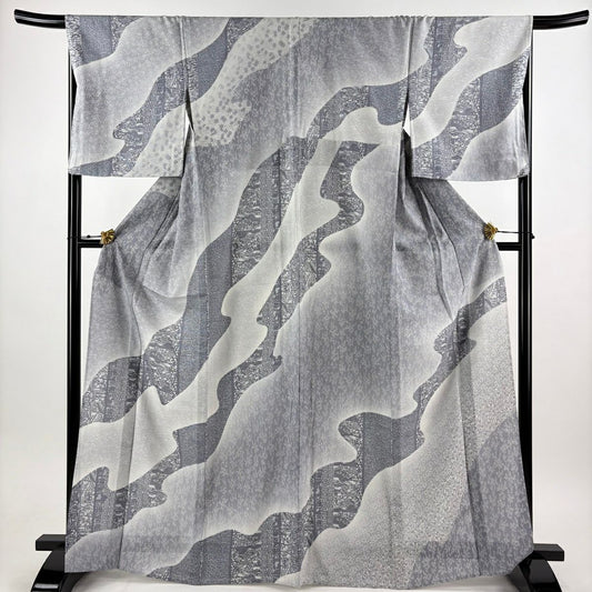 【美品】訪問服 身長167.5cm 袖長69.5cm L 薄物 絽 建物 草花紋 青灰 純蠶絲 秀品級