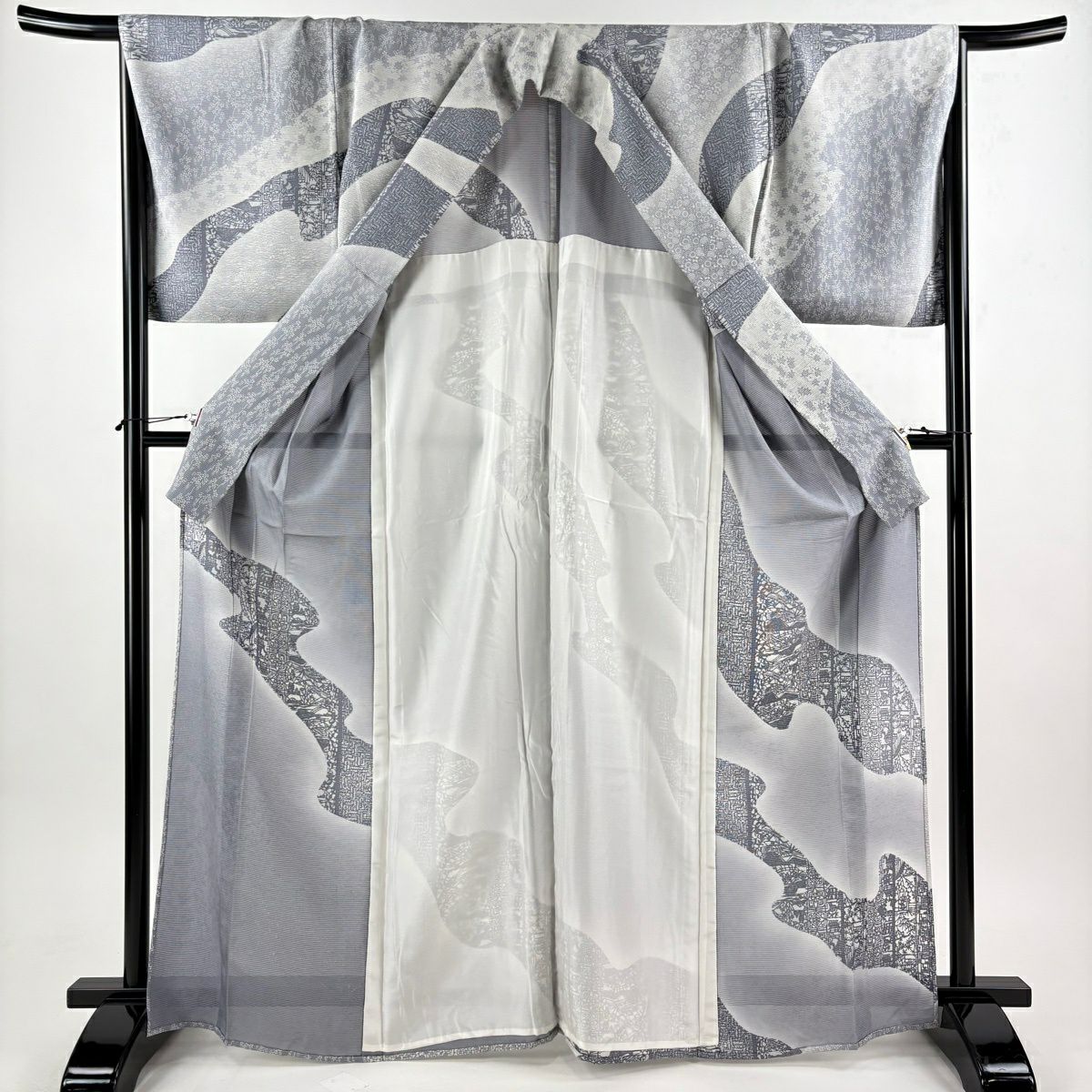 【美品】訪問服 身長167.5cm 袖長69.5cm L 薄物 絽 建物 草花紋 青灰 純蠶絲 秀品級