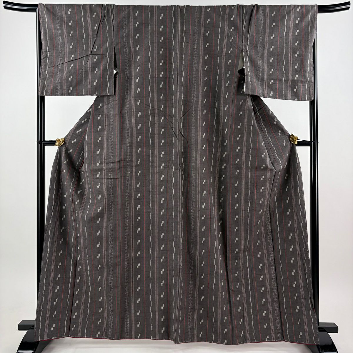 紬織 身長165.5cm 袖長66.5cm M 雙層 縱條 絣 灰紫 純蠶絲 秀品級
