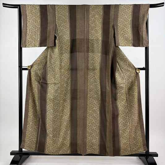 【美品】 小紋 身長158.5cm 袖長65cm M 雙層 大島紬織地 紗綾形 縱條 茶綠 純蠶絲 秀品級