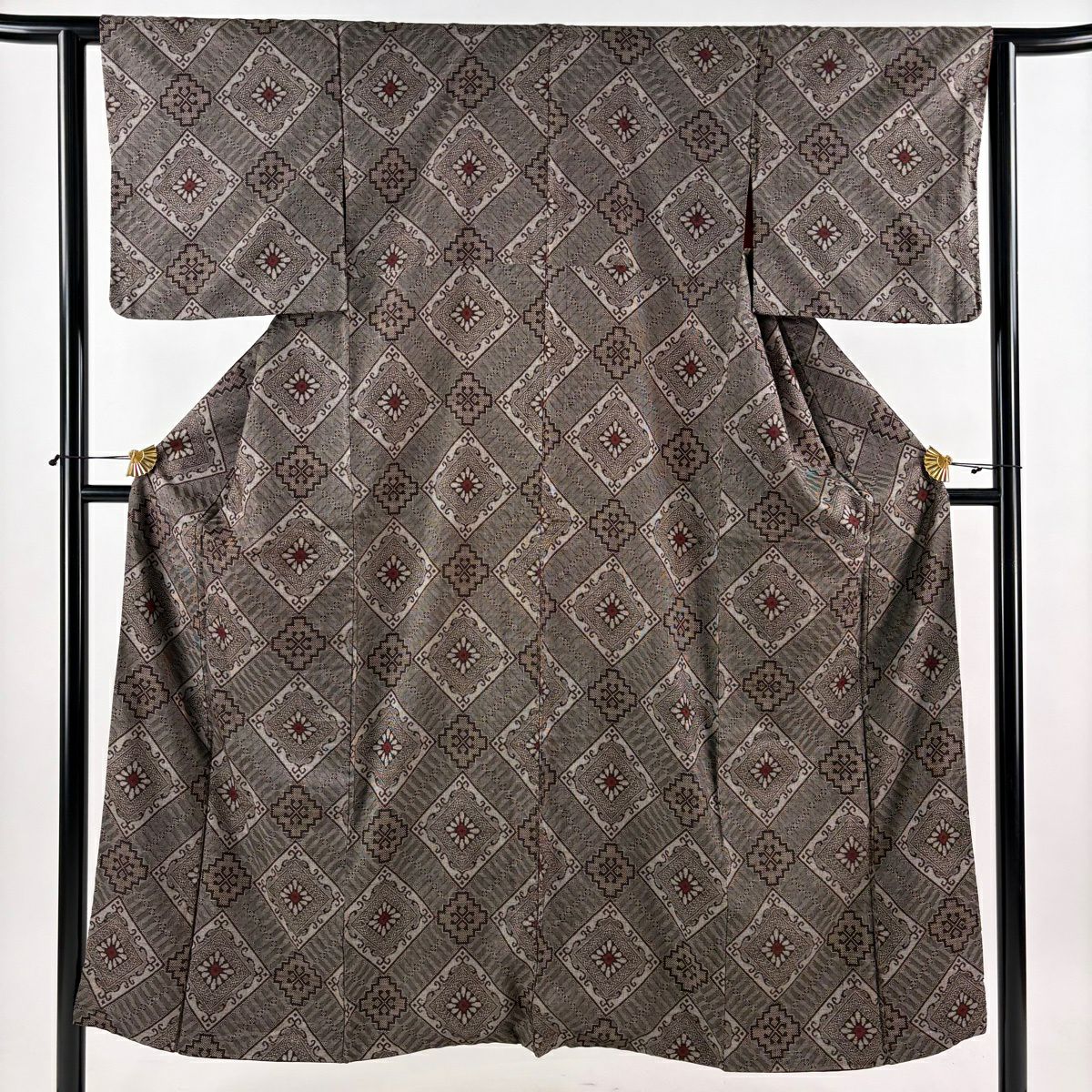 【美品】 紬織 身長150cm 袖長61.5cm S 雙層 菱形 焦茶 純蠶絲 秀品級