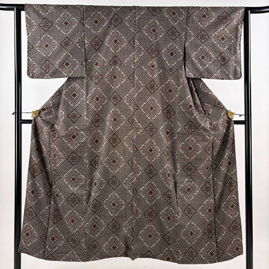 【美品】 紬織 身長150cm 袖長61.5cm S 雙層 菱形 焦茶 純蠶絲 秀品級