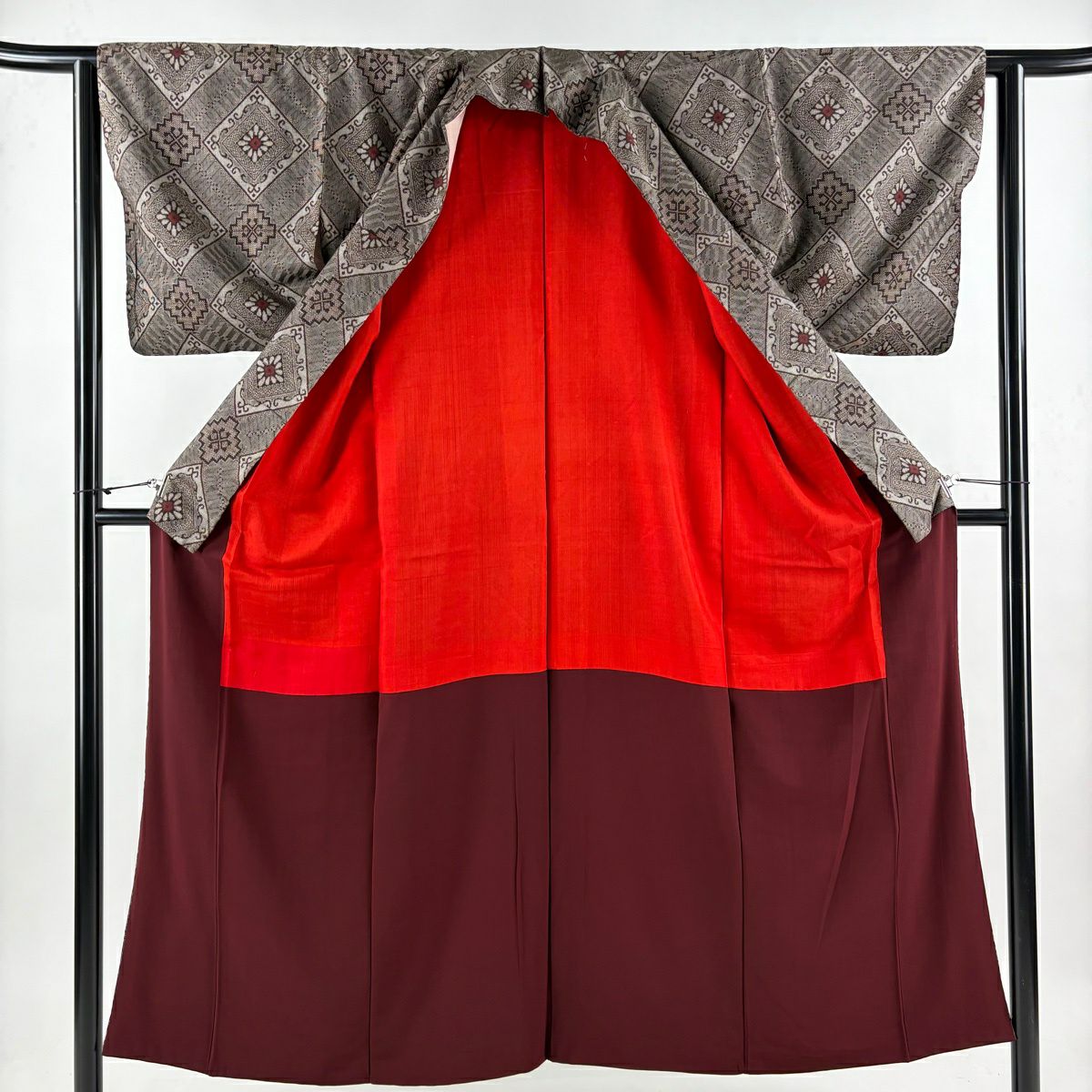 【美品】 紬織 身長150cm 袖長61.5cm S 雙層 菱形 焦茶 純蠶絲 秀品級