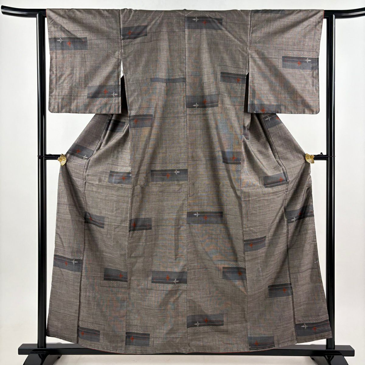 【美品】 紬織 身長159cm 袖長62cm S 雙層 花 幾何學 焦茶 純蠶絲 秀品級