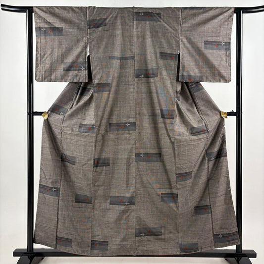 【美品】 紬織 身長159cm 袖長62cm S 雙層 花 幾何學 焦茶 純蠶絲 秀品級