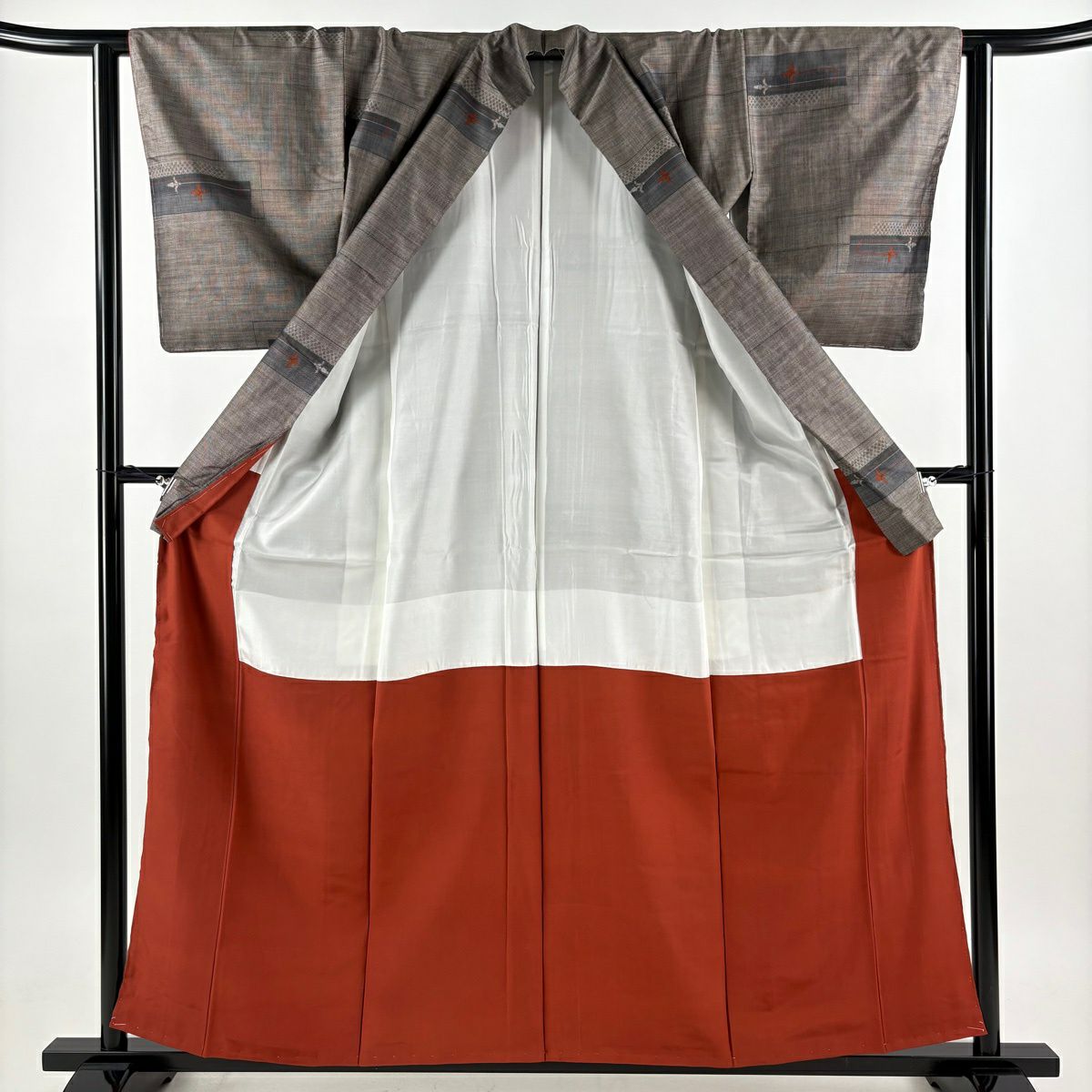 【美品】 紬織 身長159cm 袖長62cm S 雙層 花 幾何學 焦茶 純蠶絲 秀品級