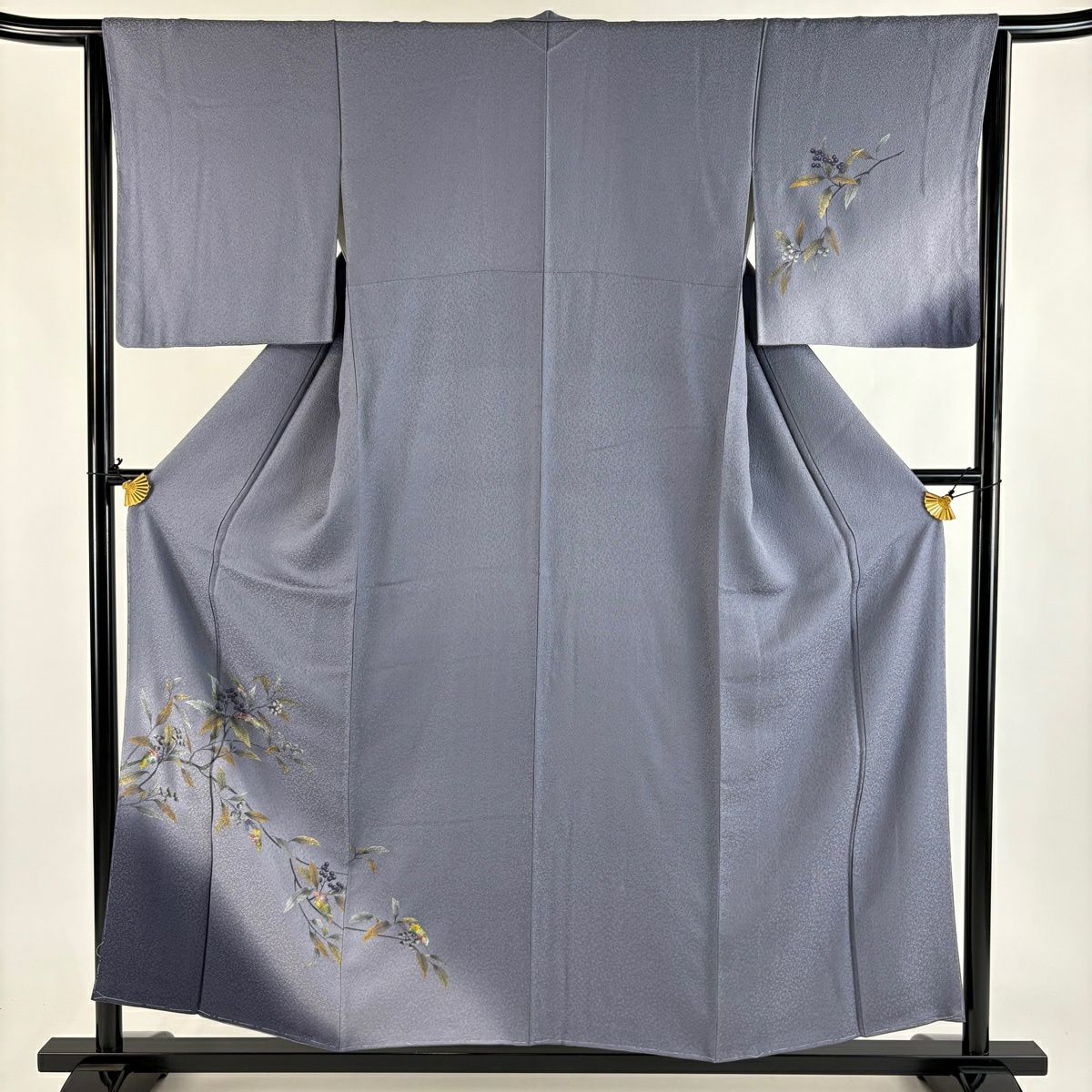 【美品】 付下 身長156cm 袖長64cm M 雙層 葉與果 金銀彩 漸層 灰紫 純蠶絲 優品級