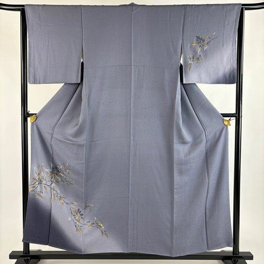 【美品】 付下 身長156cm 袖長64cm M 雙層 葉與果 金銀彩 漸層 灰紫 純蠶絲 優品級