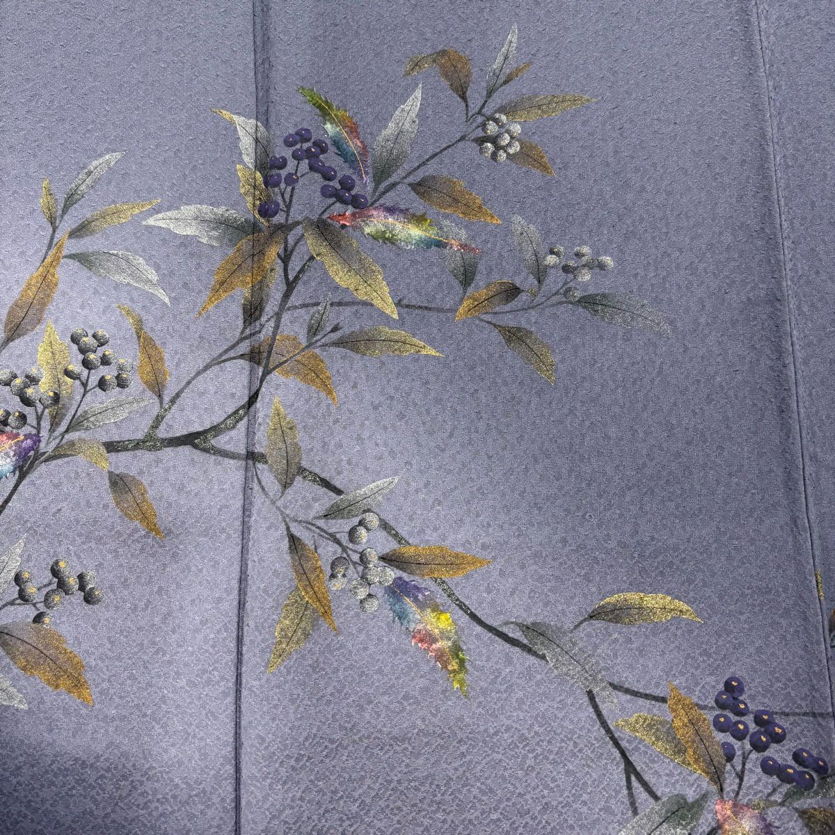 【美品】 付下 身長156cm 袖長64cm M 雙層 葉與果 金銀彩 漸層 灰紫 純蠶絲 優品級
