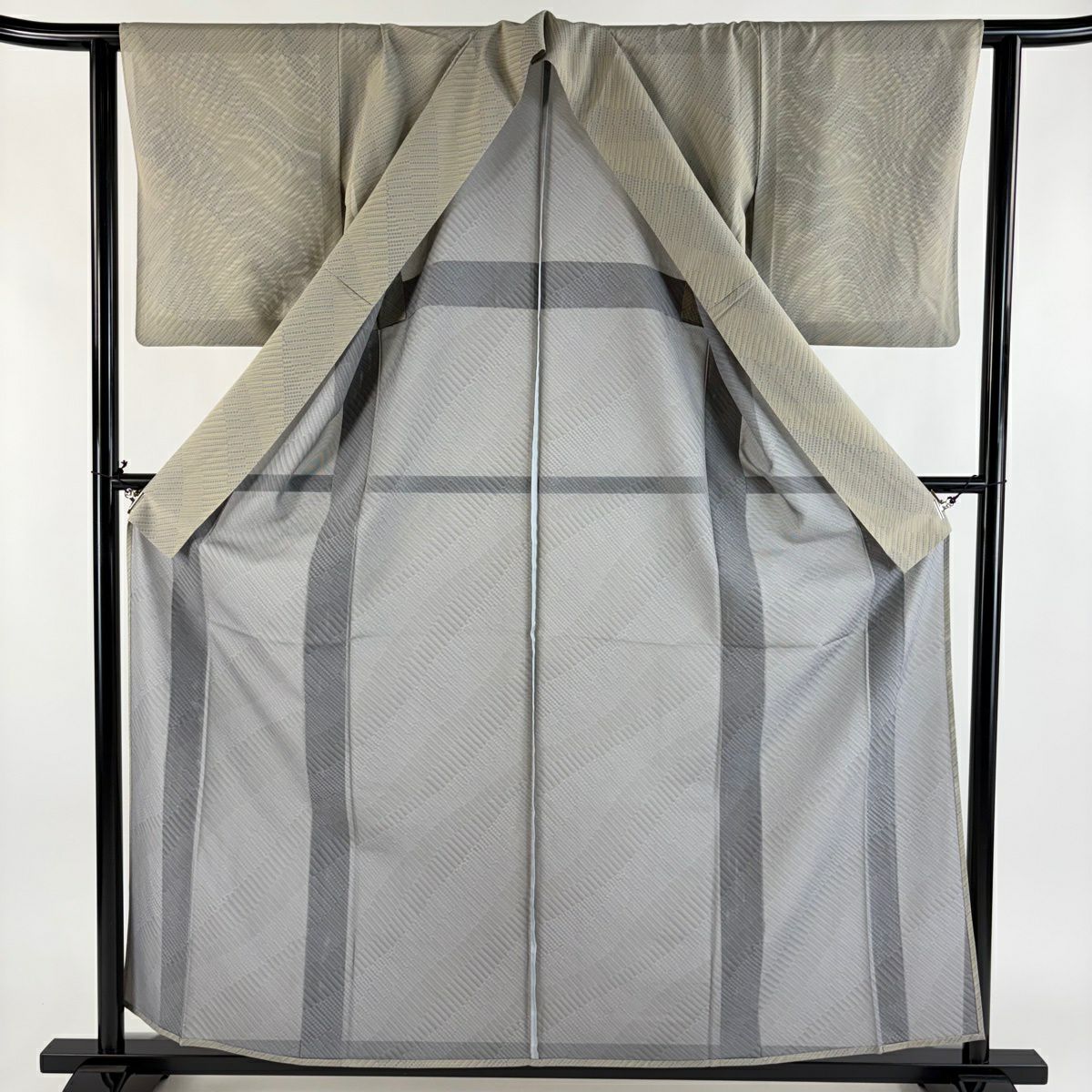【美品】 小紋 身長159cm 袖長62cm S 薄物 絽 點點 幾何圖案 灰茶 純蠶絲 優品級