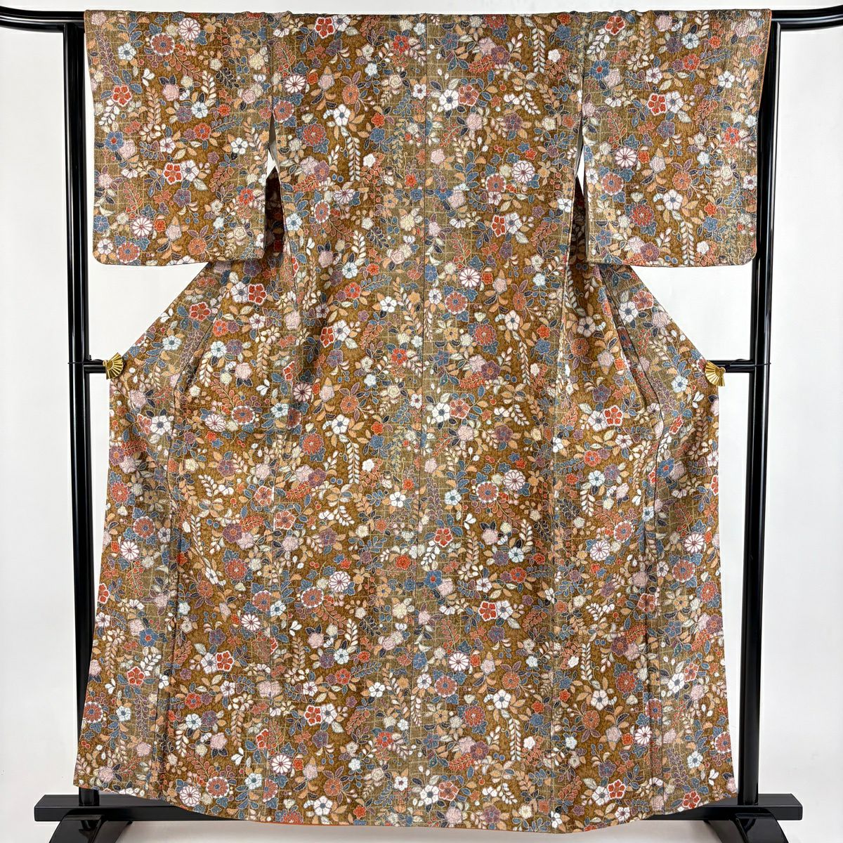 【美品】 小紋 身長161cm 袖長64cm M 雙層 草花紋紋 金彩裝飾 漸層 茶 純蠶絲 優品級
