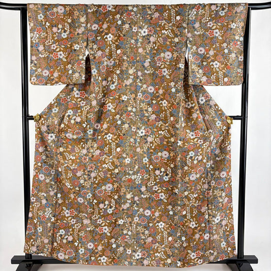 【美品】 小紋 身長161cm 袖長64cm M 雙層 草花紋紋 金彩裝飾 漸層 茶 純蠶絲 優品級