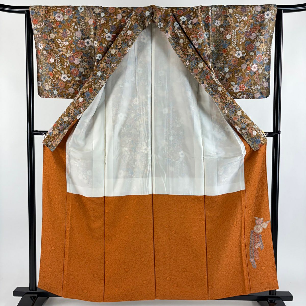 【美品】 小紋 身長161cm 袖長64cm M 雙層 草花紋紋 金彩裝飾 漸層 茶 純蠶絲 優品級